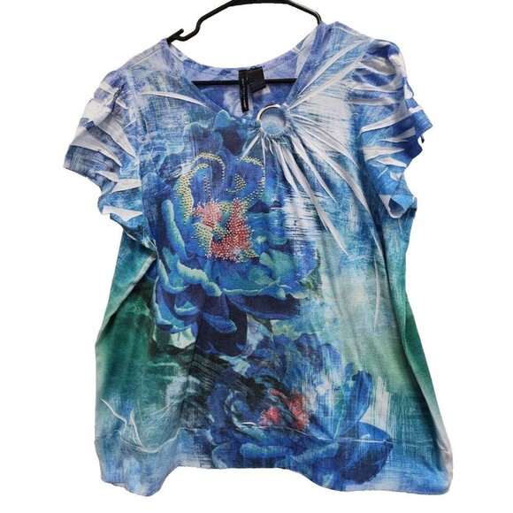 Saint Tropez West Womens Short Sleeve Top 1X Blue Artsy Embellished O Ring Neck - Picture 1 of 9